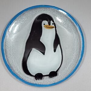 Penguin Reverse Hand Painted Decorative Art Glass Plate 7" Home Decor Wall Art